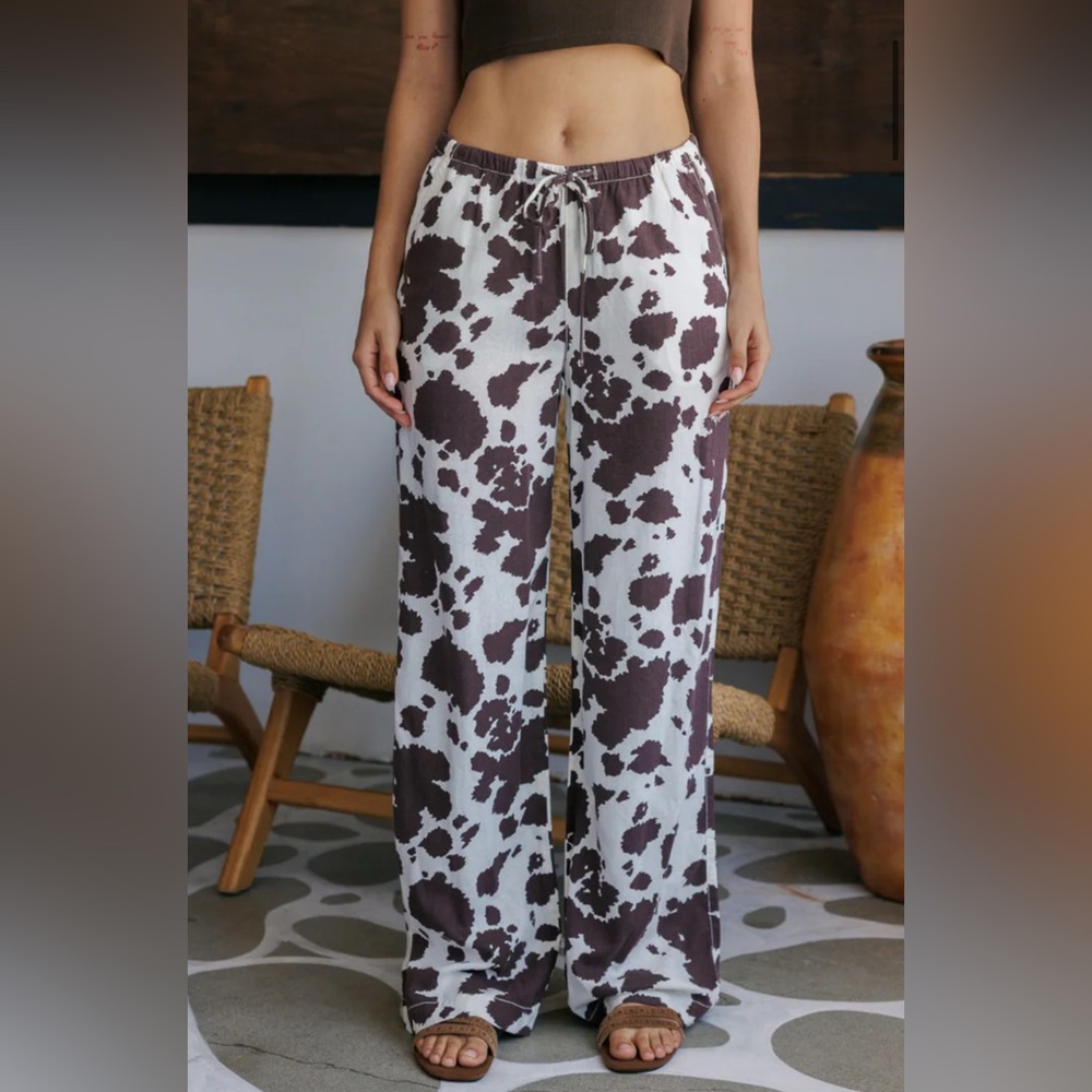 Cali 1850 Printed Linen Pull On Wide Leg Pants - Cow - Picture 3 of 8